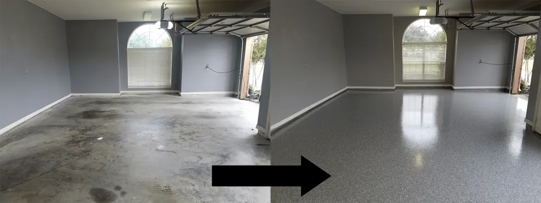 Side-by-side: a large garage with a stained, oil-marked concrete slab, then the same garage with a clean glossy flake floor