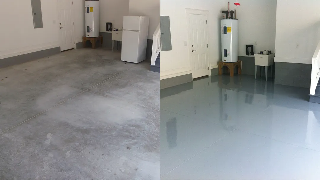 Side-by-side: a garage with dull stained gray concrete, then the same garage with a smooth glossy gray floor