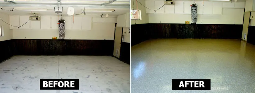 Labeled before and after photos of a garage: plain light concrete, then a dark glossy floor with a lighter flake finish