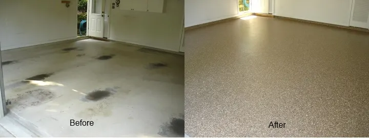 Before and after: a garage floor with dark oil stains, then the same floor with an even tan flake finish