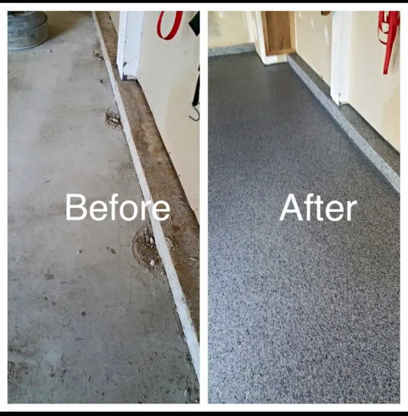 Before and after: a worn concrete garage floor edge along a white wall, then a gray and black flake floor running to the wall