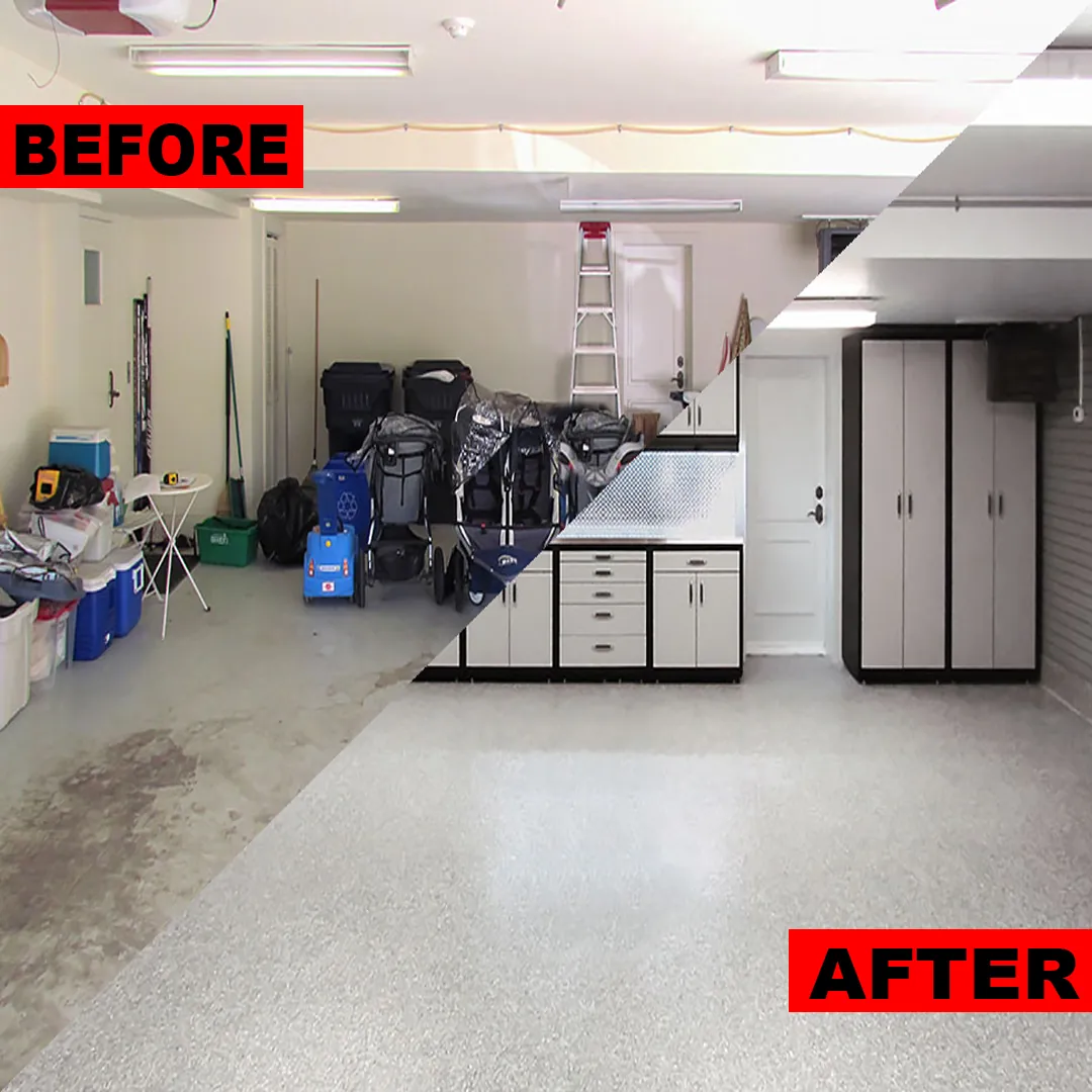 Before and after: cluttered bare-concrete garage transformed with a light gray flake epoxy floor