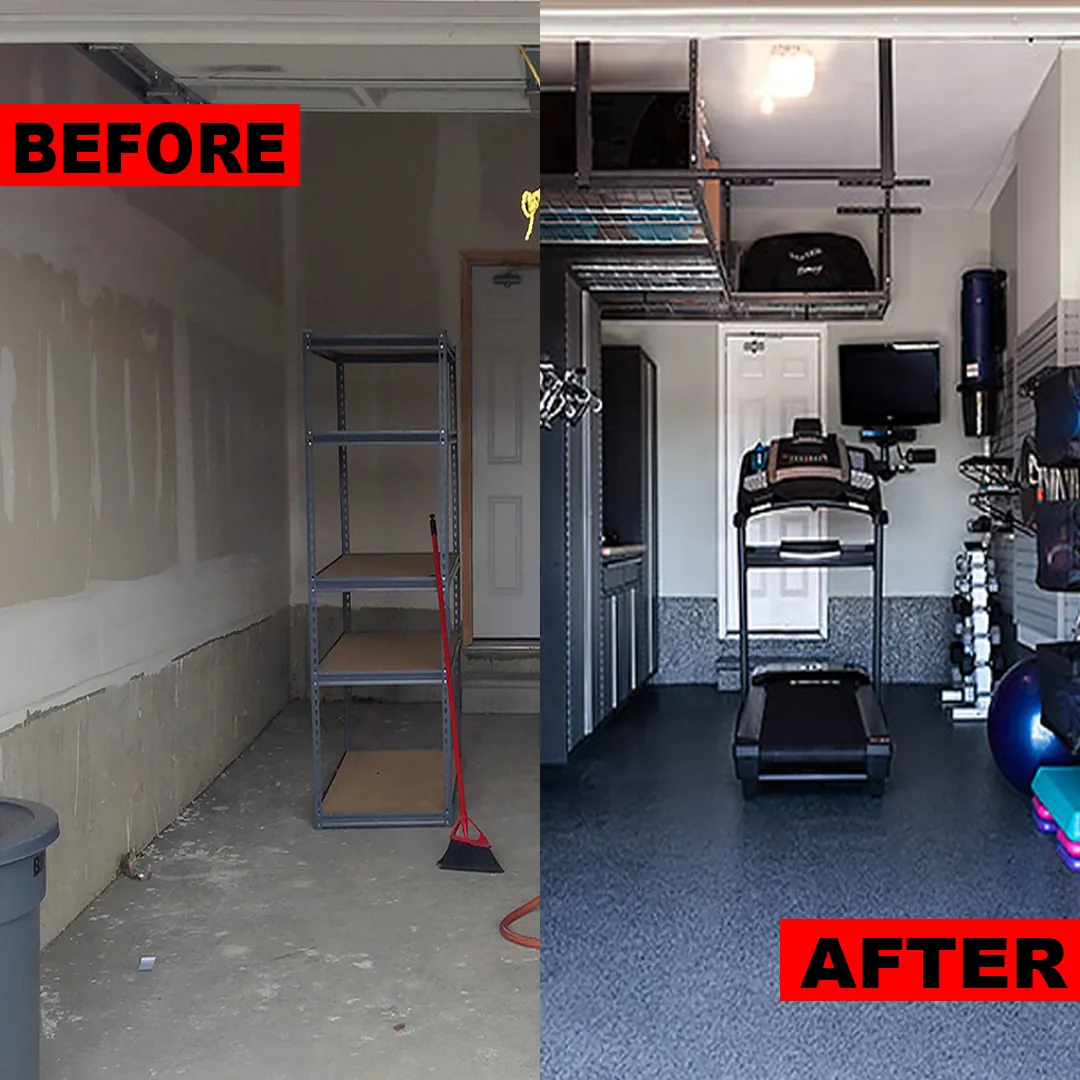 Before and after: an unfinished garage with patched walls and bare concrete, then a finished home-gym garage with a dark flake floor