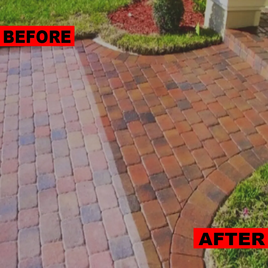 Before and after: faded, stained brick pavers restored with a clean, sealed finish with fresh joints