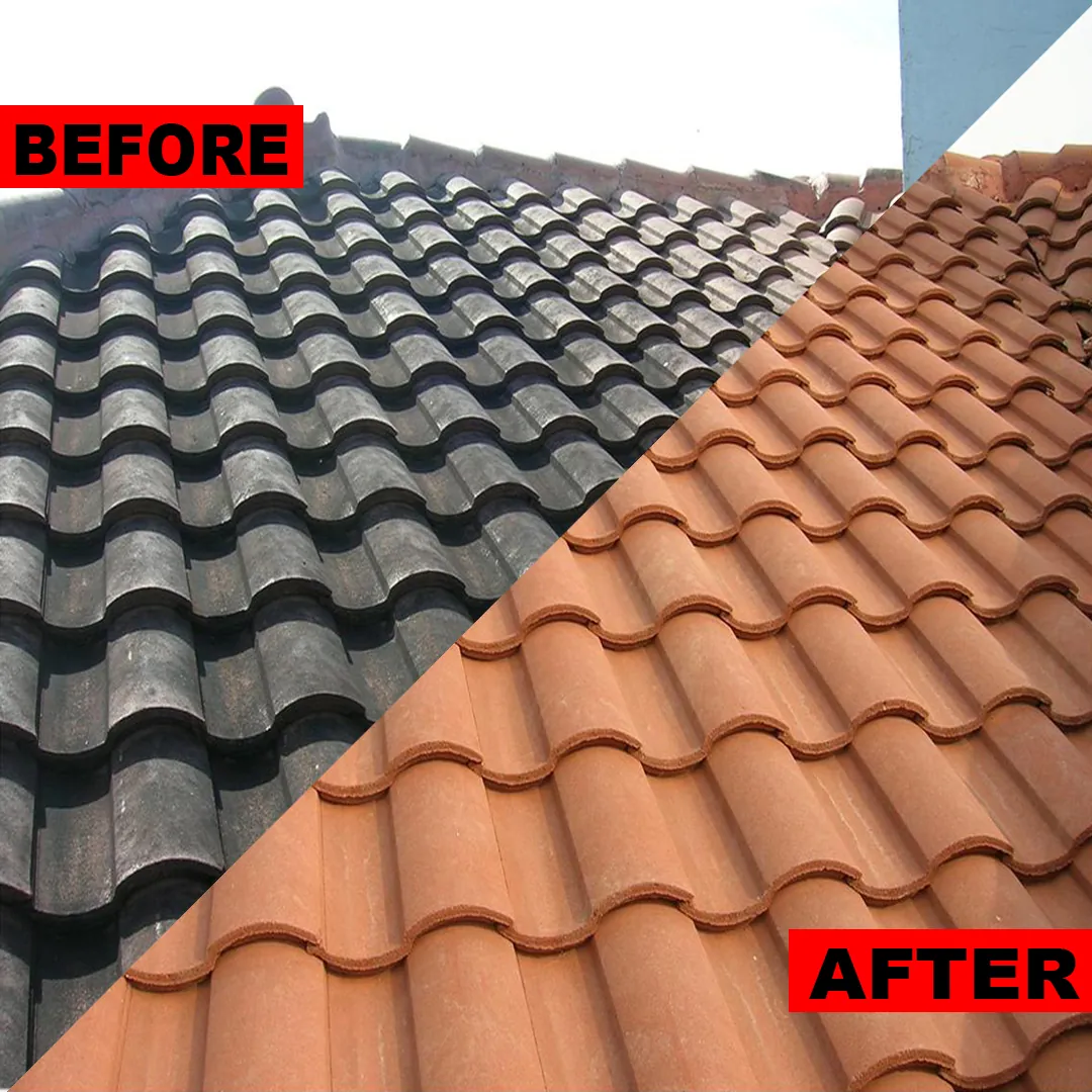 Before and after: stained, algae-streaked tile roof washed clean and restored to an even color